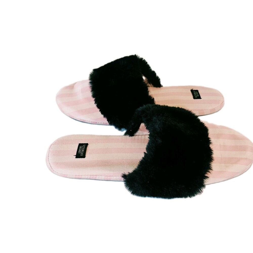 Victoria's Secret Pink Satin Faux Fur Trim Slip-On Slippers Women's Size Medium - Picture 3 of 5